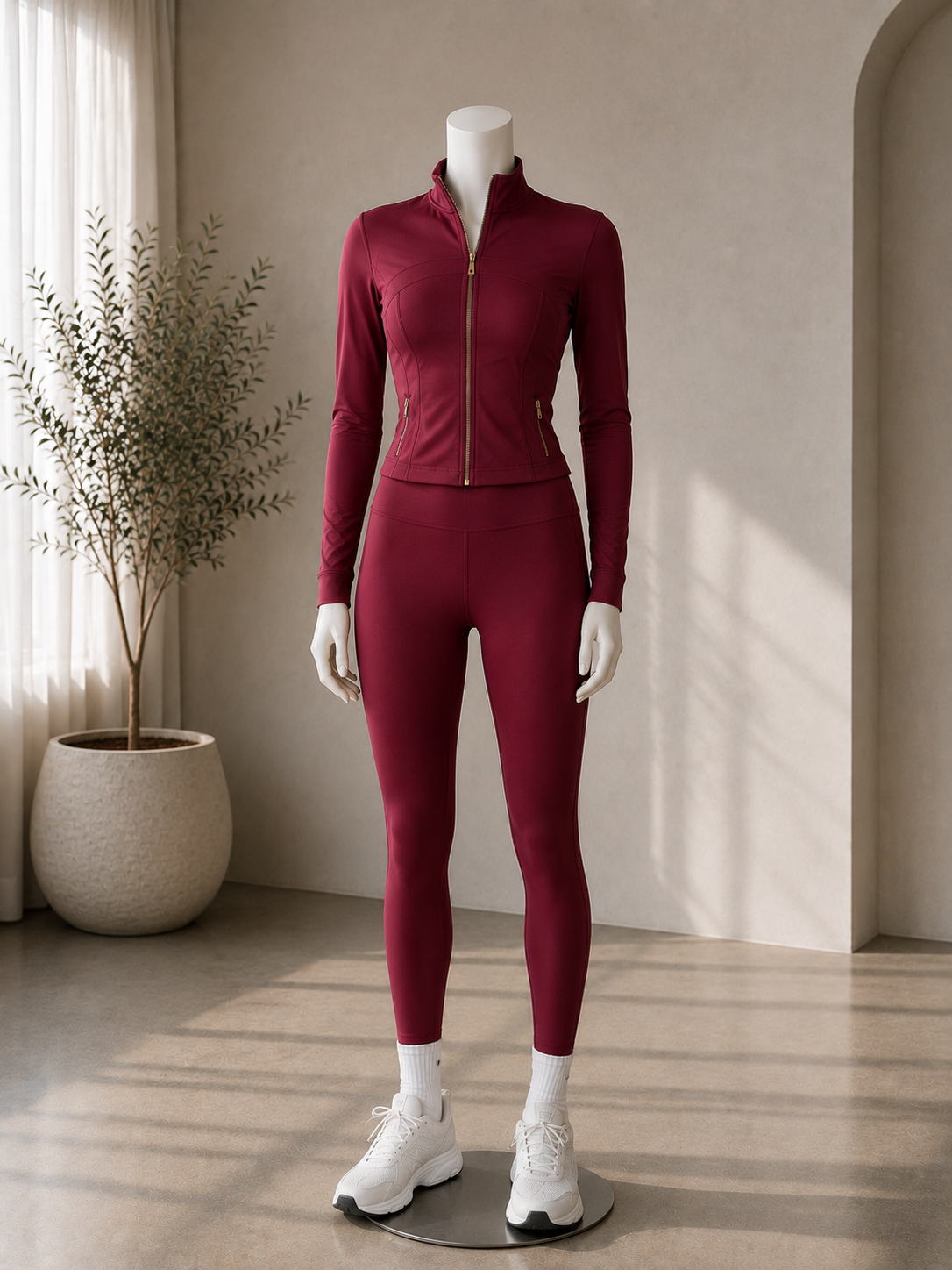 Women’s Burgundy Athletic Set – Zip-Up Jacket & High Waist Leggings